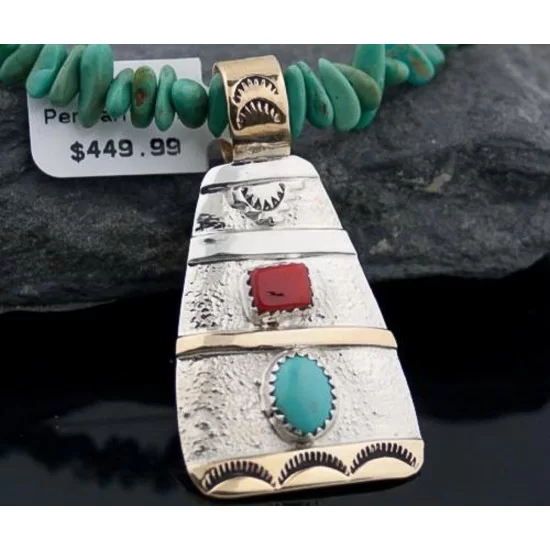 12kt Gold Filled, Handmade Sun, Coral, Turquoise .925 Sterling Silver Certified Authentic Navajo 239 Native American Necklace 390615942430