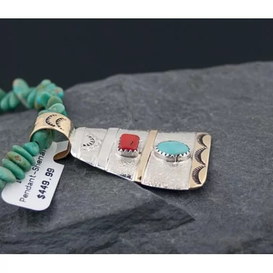 12kt Gold Filled, Handmade Sun, Coral, Turquoise .925 Sterling Silver Certified Authentic Navajo 239 Native American Necklace 390615942430