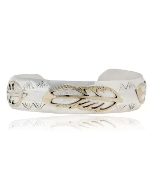 12kt Gold Filled and .925 Sterling Silver Certified Authentic Feather Handmade Navajo Native American Cuff Bracelet 13094-5
