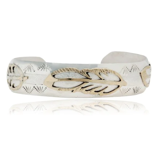 12kt Gold Filled and .925 Sterling Silver Certified Authentic Feather Handmade Navajo Native American Cuff Bracelet 13094-5 12kt Gold Filled and .925 Sterling Silver Certified Authentic Feather Handmade Navajo Native American Cuff Bracelet 13094-5