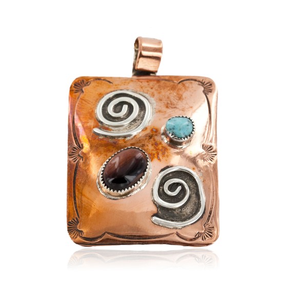 Handmade Certified Authentic Navajo Pure .925 Sterling Silver and Copper Natural Turquoise and Tigers Eye Pendant Native American Necklace 16987-5