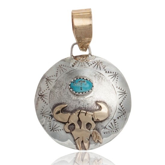 12kt Gold Filled and .925 Sterling Silver Certified Authentic Bull Skull Handmade Navajo Natural Turquoise Native American Pendant 17044-2 Pendants NB160107225706 17044-2 (by LomaSiiva)