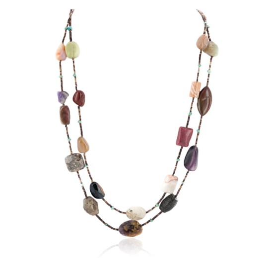 2 Strand .925 Sterling Silver Certified Authentic Navajo Natural Turquoise Carnelian Agate and Jasper Native American Necklace 750194-01 2 Strand .925 Sterling Silver Certified Authentic Navajo Natural Turquoise Carnelian Agate and Jasper Native American Necklace 750194-01