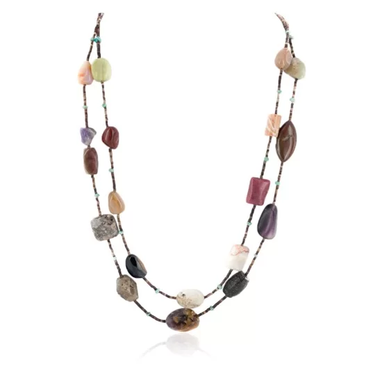 2 Strand .925 Sterling Silver Certified Authentic Navajo Natural Turquoise Carnelian Agate and Jasper Native American Necklace 750194-01
