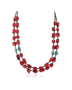 2 Strand .925 Sterling Silver Certified Authentic Navajo Natural Turquoise Coral Native American Necklace 750229