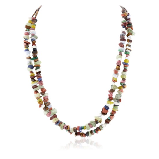 2 Strand Certified Authentic Navajo .925 Sterling Silver Natural Jade and Multicolor Stones Native American Necklace 15501-69