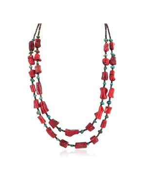 2 Strand Certified Authentic Navajo .925 Sterling Silver Natural Turquoise Coral Heishi Native American Necklace .. 750236-1