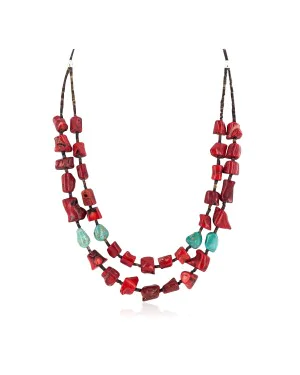 2 Strand Certified Authentic Navajo .925 Sterling Silver Natural Turquoise Coral Heishi Native American Necklace  750236-2