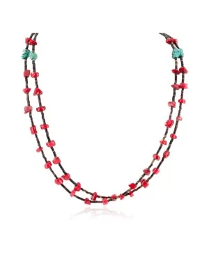 2 Strand Certified Authentic Navajo .925 Sterling Silver Natural Turquoise Coral Native American Necklace 15562-33