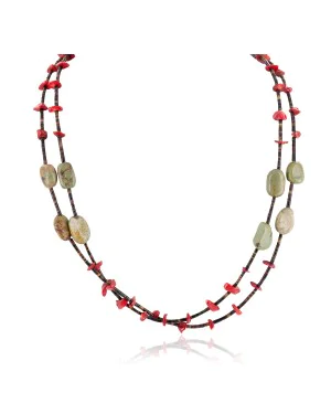 2 Strand Certified Authentic Navajo .925 Sterling Silver Natural Turquoise Coral Native American Necklace 750106-87