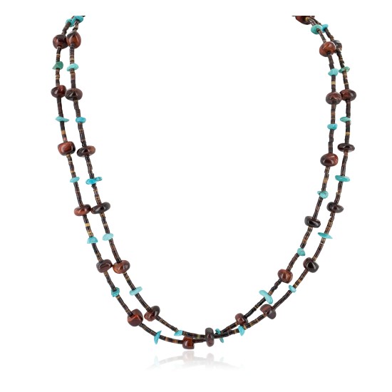 2 Strand Certified Authentic Navajo .925 Sterling Silver Natural Turquoise Red Jasper Native American Necklace  15546-13