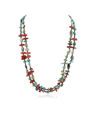 2 Strand Certified Authentic Navajo .925 Sterling Silver Natural Turquoise Red Jasper Native American Necklace 15813