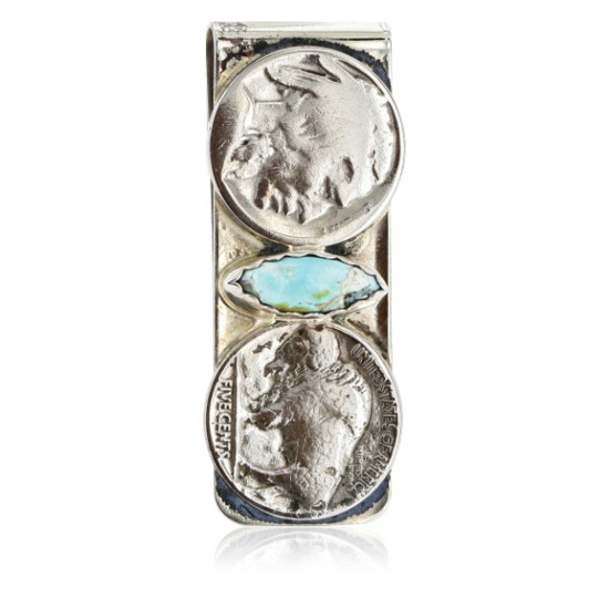 2 Vintage Style OLD Buffalo Coin Certified Authentic Navajo .925 Sterling Silver and Nickel Natural Turquoise Native American Money Clip 11244-5
