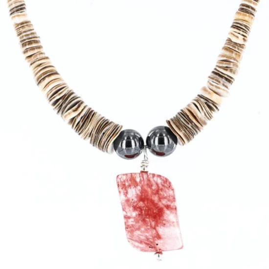 $200 Certified Authentic Navajo .925 Sterling Silver Graduated Melon Shell and Quartz Turquoise Hematite Native American Necklace 15427-1 $200 Certified Authentic Navajo .925 Sterling Silver Graduated Melon Shell and Quartz Turquoise Hematite Native American Necklace 15427-1
