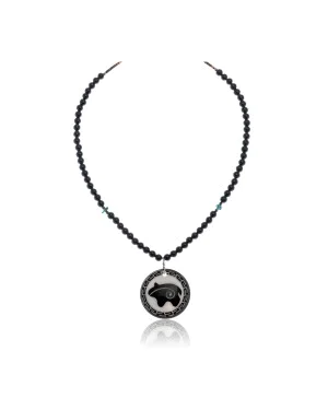 Bear .925 Sterling Silver Certified Authentic Navajo Native American Natural Turquoise Black Onyx Necklace 11051-3