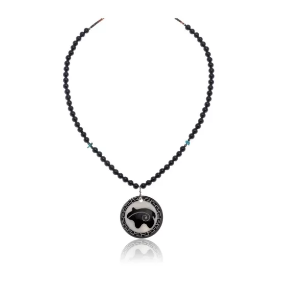 Bear .925 Sterling Silver Certified Authentic Navajo Native American Natural Turquoise Black Onyx Necklace 11051-3 Bear .925 Sterling Silver Certified Authentic Navajo Native American Natural Turquoise Black Onyx Necklace 11051-3