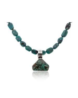 .925 Sterling Silver Certified Authentic Handmade Navajo Native American Natural Turquoise Necklace and Pendant 15003-3-15338