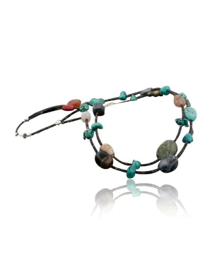 $240 Large Certified Authentic 2 Strand Navajo .925 Sterling Silver Multicolor Stones Native American Necklace 390569988014