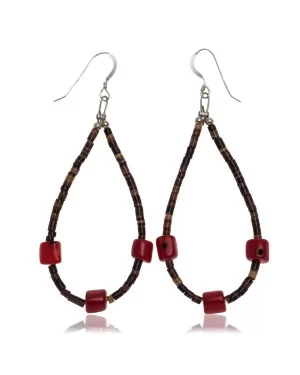 Coral .925 Sterling Silver Certified Authentic Navajo Native American Hoop Dangle Earrings 27281