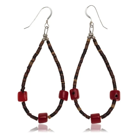 Coral .925 Sterling Silver Certified Authentic Navajo Native American Hoop Dangle Earrings 27281