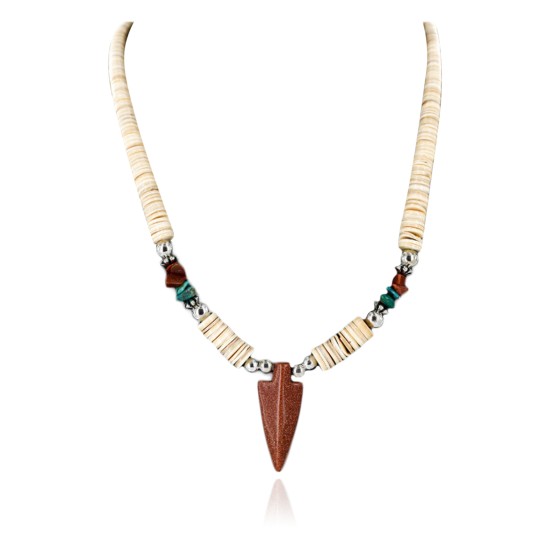 $280 Certified Authentic Navajo .925 Sterling Silver Graduated Melon Shell and Turquoise and Goldstone Native American Necklace 750142
