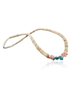 $290 Handmade Certified Authentic Navajo .925 Sterling Silver Graduated Melon Shell and Turquoise Native American Necklace 390742402073