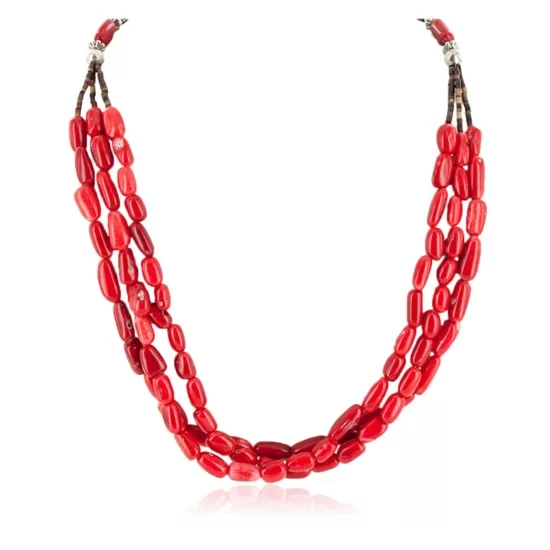 3 Strand Certified Authentic Navajo .925 Sterling Silver Coral Native American Necklace 790106-1 3 Strand Certified Authentic Navajo .925 Sterling Silver Coral Native American Necklace 790106-1