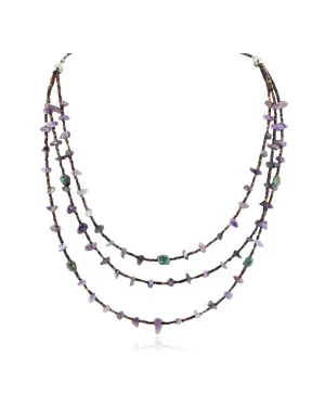 3 Strand Certified Authentic Navajo .925 Sterling Silver Natural Turquoise Amethyst Native American Necklace 15585-112