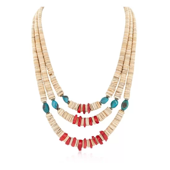 3 Strand Certified Authentic Navajo .925 Sterling Silver Natural Turquoise Coral Graduated Melon Shell Native American Necklace 15846 3 Strand Certified Authentic Navajo .925 Sterling Silver Natural Turquoise Coral Graduated Melon Shell Native American Necklace 15846
