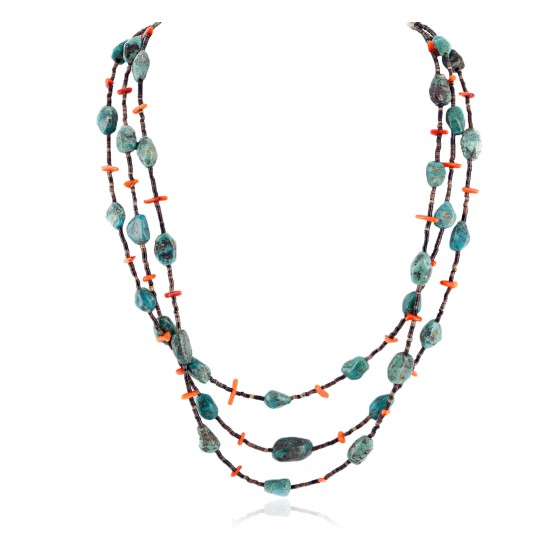 3 Strand Certified Authentic Navajo .925 Sterling Silver Natural Turquoise Coral Heishi Native American Necklace 15297-18