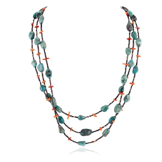 3 Strand Certified Authentic Navajo .925 Sterling Silver Natural Turquoise Coral Heishi Native American Necklace 15297-18 3 Strand Certified Authentic Navajo .925 Sterling Silver Natural Turquoise Coral Heishi Native American Necklace 15297-18