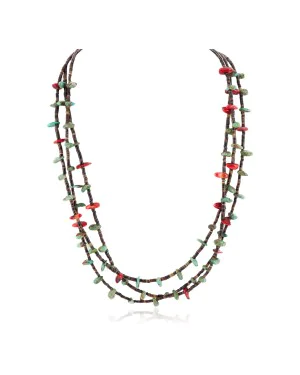 3 Strand Certified Authentic Navajo .925 Sterling Silver Natural Turquoise Coral Heishi Native American Necklace  18108-20