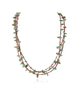 3 Strand Certified Authentic Navajo .925 Sterling Silver Natural Turquoise Coral Heishi Native American Necklace  750107-55