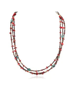 3 Strand Certified Authentic Navajo .925 Sterling Silver Natural Turquoise Coral Native American Necklace 15649-21
