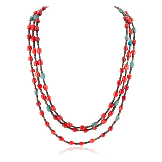 3 Strand Certified Authentic Navajo .925 Sterling Silver Natural Turquoise Coral Native American Necklace 18133-2 3 Strand Certified Authentic Navajo .925 Sterling Silver Natural Turquoise Coral Native American Necklace 18133-2