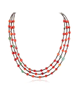 3 Strand Certified Authentic Navajo .925 Sterling Silver Natural Turquoise Coral Native American Necklace 18133-3