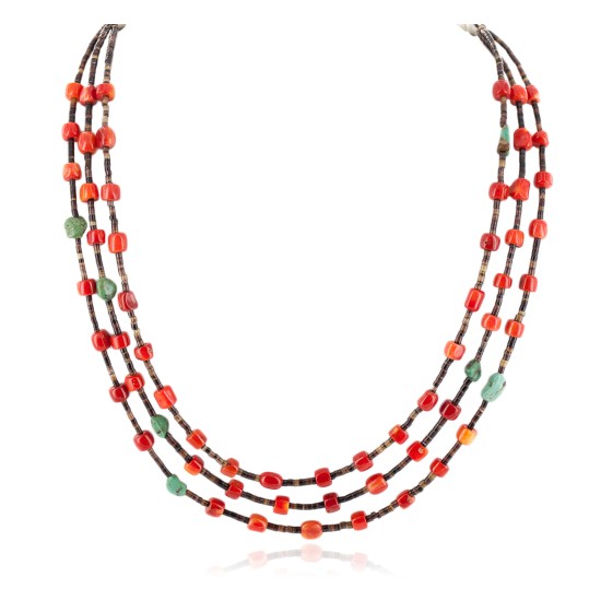 3 Strand Certified Authentic Navajo .925 Sterling Silver Natural Turquoise Coral Native American Necklace 18133-3 3 Strand Certified Authentic Navajo .925 Sterling Silver Natural Turquoise Coral Native American Necklace 18133-3