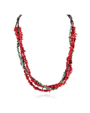 3 Strand Certified Authentic Navajo .925 Sterling Silver Natural Turquoise Coral Twisted Native American Necklace 750153-1