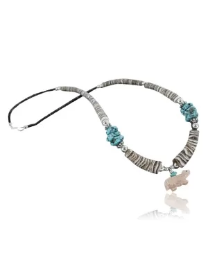 $300 Carved Fetish TCertified Authentic Navajo .925 Sterling Silver Graduated Melon Shell and Turquoise Native American Necklace 18108-13 $300 Carved Fetish TCertified Authentic Navajo .925 Sterling Silver Graduated Melon Shell and Turquoise Native American Necklace 18108-13