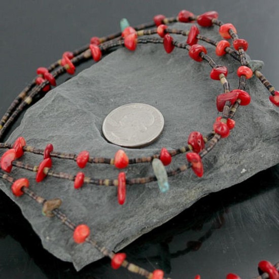 Certified Authentic 3 Strand Navajo .925 Sterling Silver Turquoise and Coral Native American Necklace 15401-7