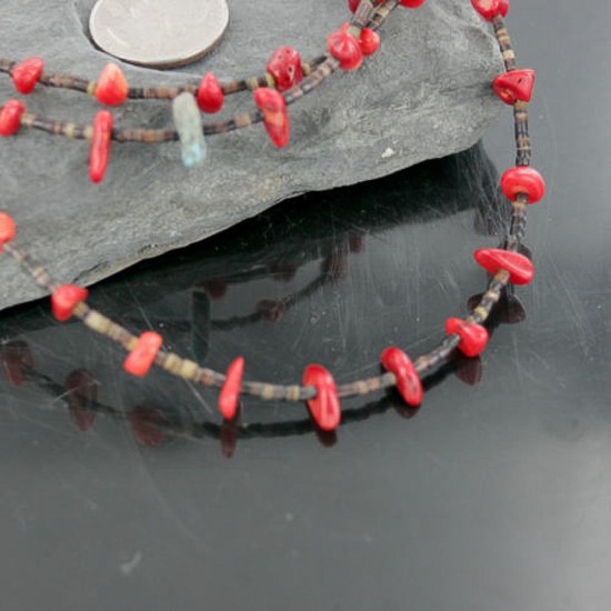 Certified Authentic 3 Strand Navajo .925 Sterling Silver Turquoise and Coral Native American Necklace 15401-7