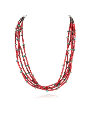 5 Strand Certified Authentic Navajo .925 Sterling Silver Coral and Natural Turquoise Native American Necklace 25278-78 5 Strand Certified Authentic Navajo .925 Sterling Silver Coral and Natural Turquoise Native American Necklace 25278-78