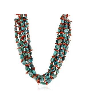 5 Strand Navajo Natural Turquoise and Mediterranean Coral Native American Necklace 15737-0