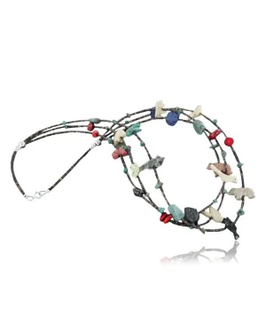 $500 Carved Fetish Certified Authentic 3 Strand Navajo .925 Sterling Silver MultiColor Stones and Turquoise Native American Necklace 370920454832