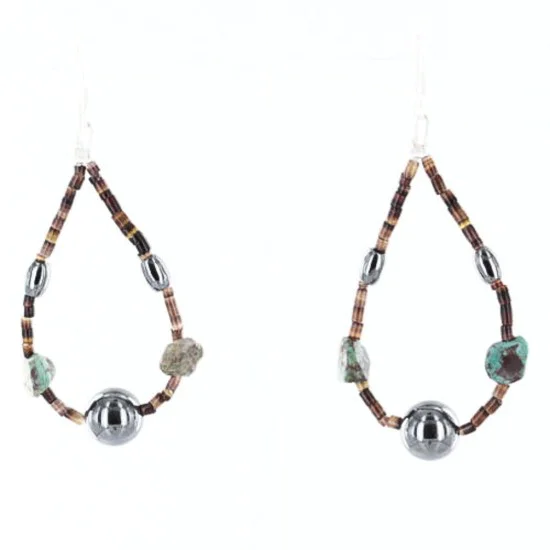 $80 Certified Authentic Navajo .925 Sterling Silver Hooks Natural Turquoise Hematite Native American Earrings 370994156894