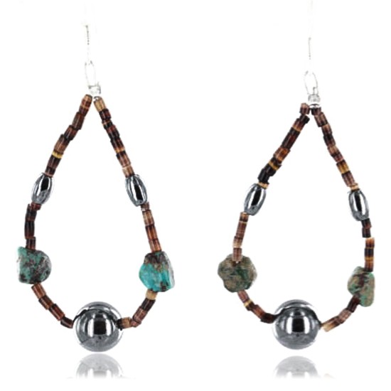 $80 Certified Authentic Navajo .925 Sterling Silver Hooks Natural Turquoise Hematite Native American Earrings 370994156894