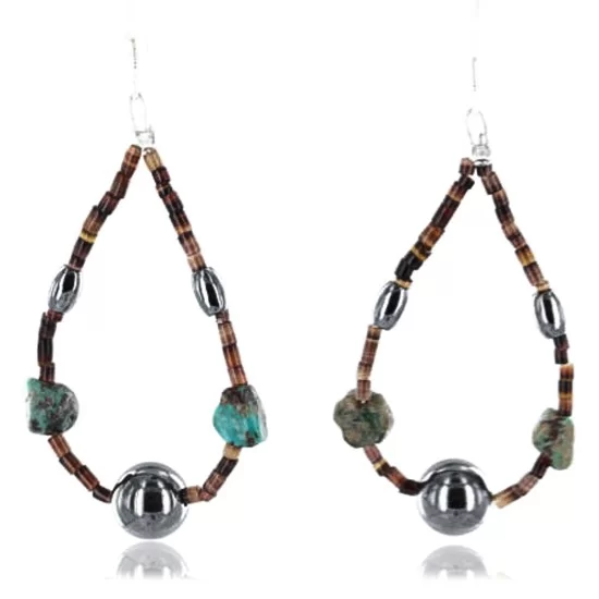 $80 Certified Authentic Navajo .925 Sterling Silver Hooks Natural Turquoise Hematite Native American Earrings 370994156894