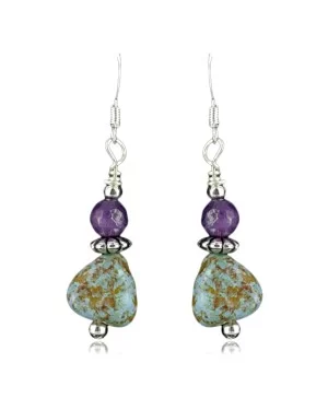 $80 Certified Authentic Navajo .925 Sterling Silver Hooks Natural Turquoise Sugilite Native American Earrings 370962102415