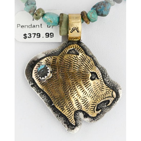 .925 Sterling Silver and 12kt Gold Filled HANDMADE Bear Certified Authentic Navajo Turquoise Native American Necklace 371102943360