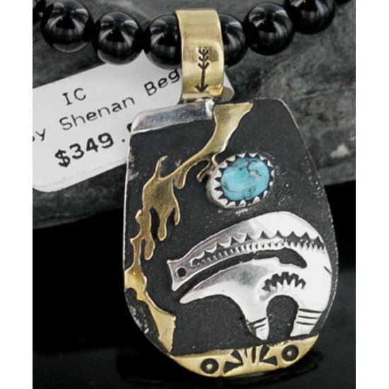 .925 Sterling Silver and 12kt Gold Filled Handmade Bear Certified Authentic Navajo Turquoise Native American Necklace 390667032578